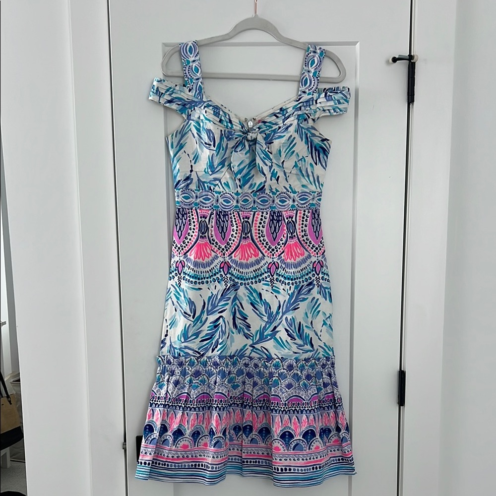 Lilly Pulitzer Blue and Pink Patterned Off-Shoulder Dress